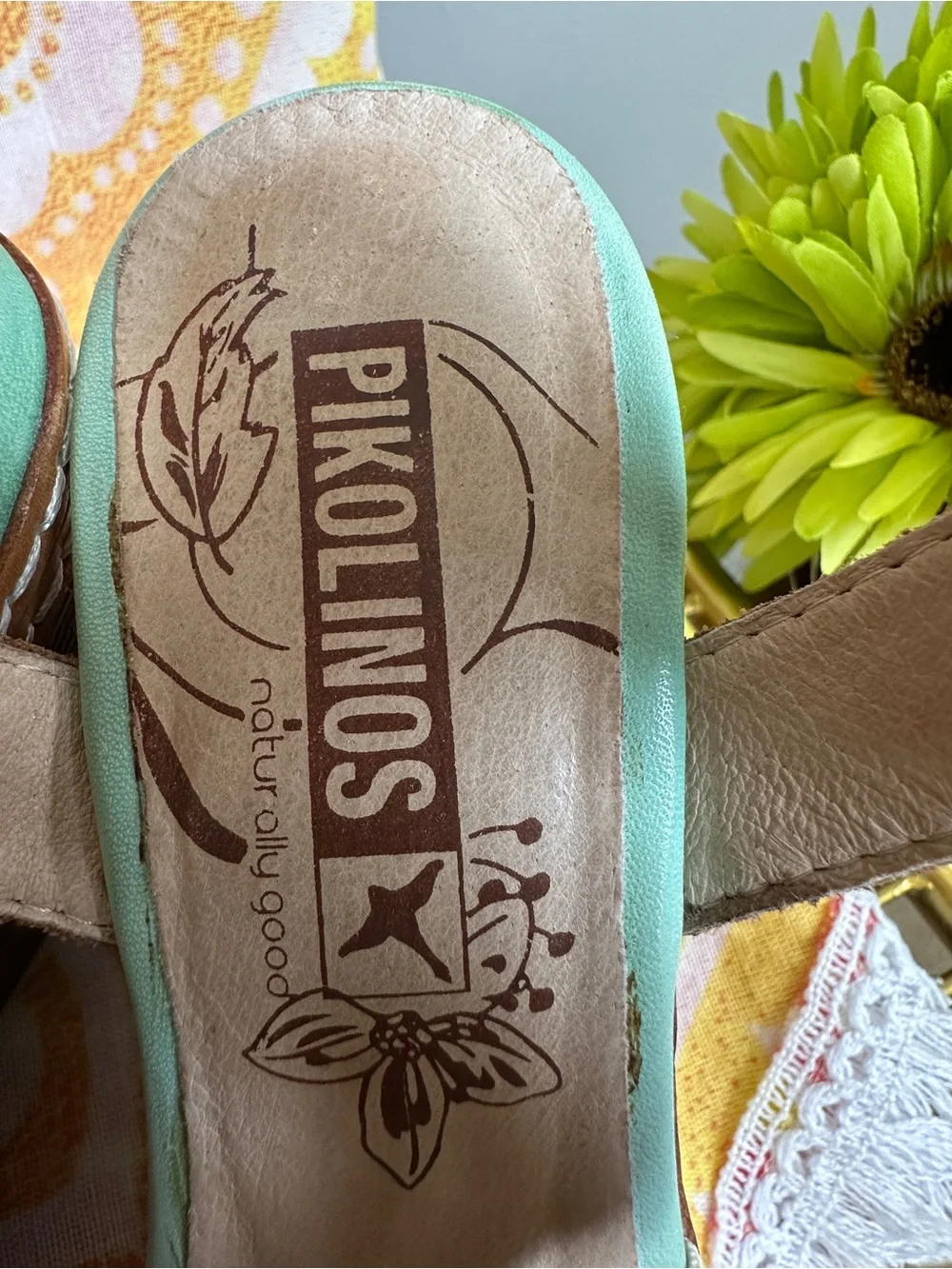 Pikolinos Mint Green Wedge Sandals with Elastic Cross Straps
